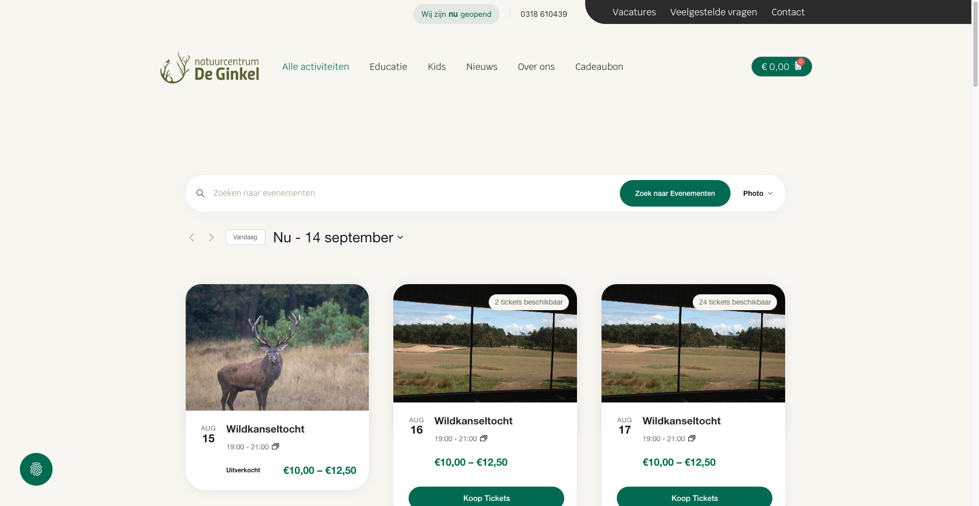 Activiteitenoverzicht met wildkanseltochten, data en het aantal beschikbare tickets